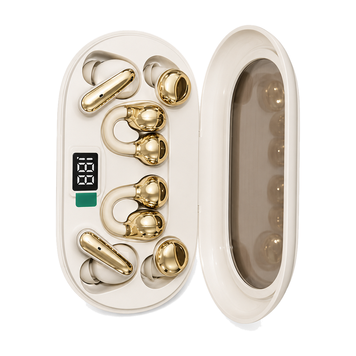 Estuche abierto con los 3 pares de auriculares dorados