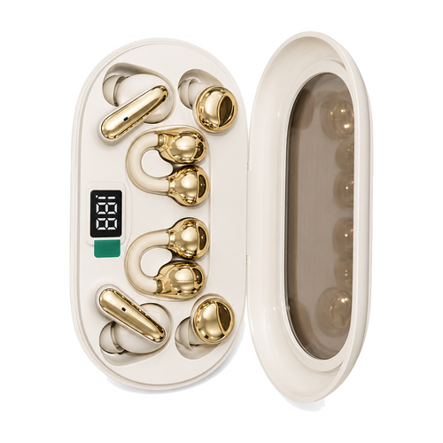 Estuche abierto con los 3 pares de auriculares dorados