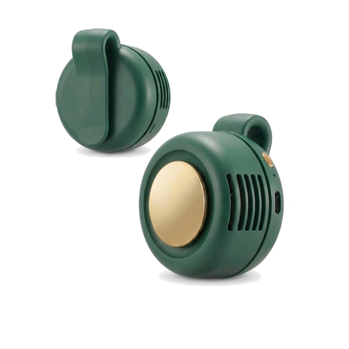 Mini ventilador verde, frente y espalda con clip
