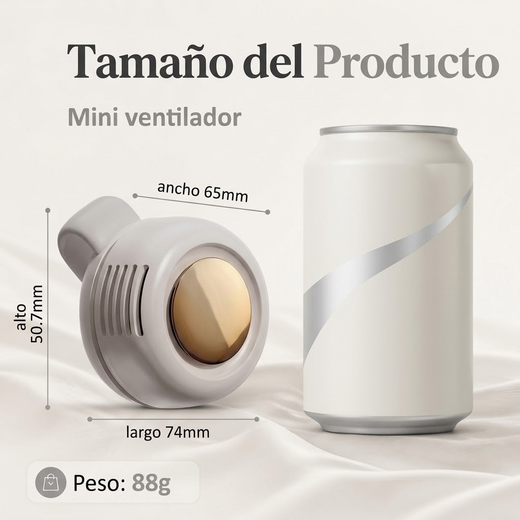 Tamaño del mini ventilador comparado con una lata
